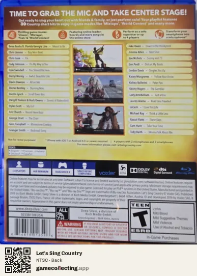 Let's Sing Country PlayStation 4, NTSC box back