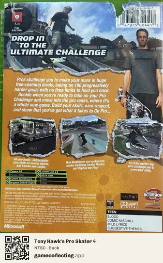 Tony Hawk's Pro Skater 4 Xbox, NTSC box back