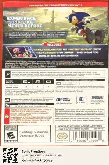 Sonic Frontiers Nintendo Switch 2, NTSC box back