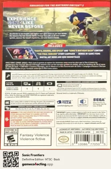 Sonic Frontiers Nintendo Switch 2, NTSC box back