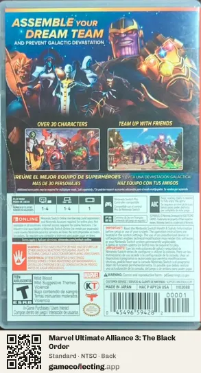 Marvel Ultimate Alliance 3: The Black Order Nintendo Switch, NTSC box back