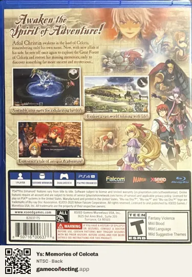 Ys: Memories of Celceta PlayStation 4, NTSC box back