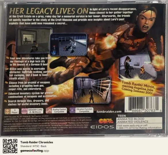 Tomb Raider Chronicles PlayStation, NTSC box back