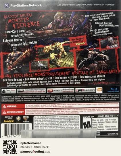 Splatterhouse PlayStation 3, NTSC box back