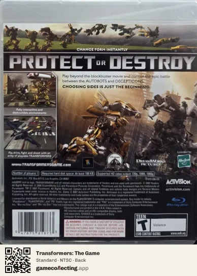 Transformers: The Game PlayStation 3, NTSC box back