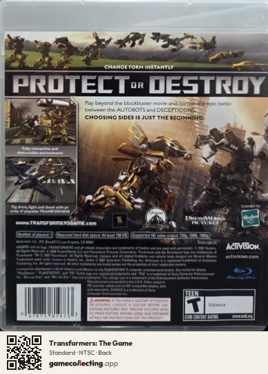 Transformers: The Game PlayStation 3, NTSC box back