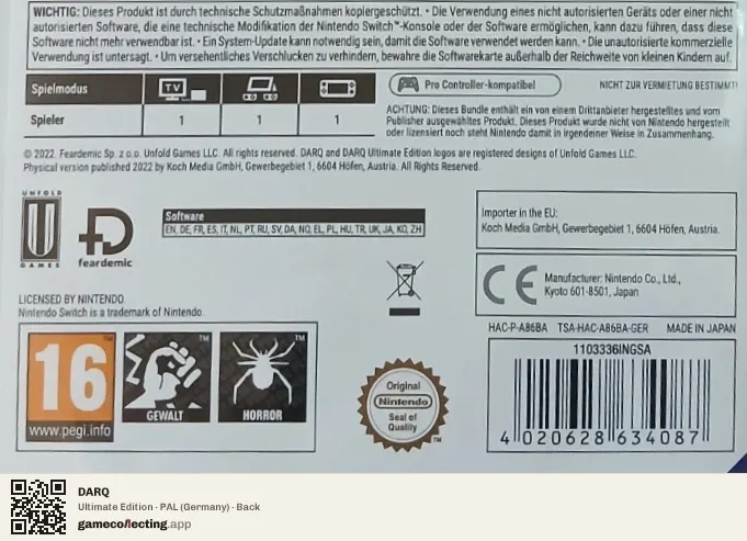 DARQ Nintendo Switch, Germany box back