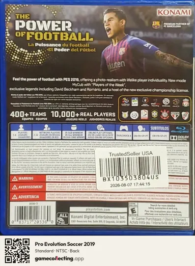 Pro Evolution Soccer 2019 PlayStation 4, NTSC box back