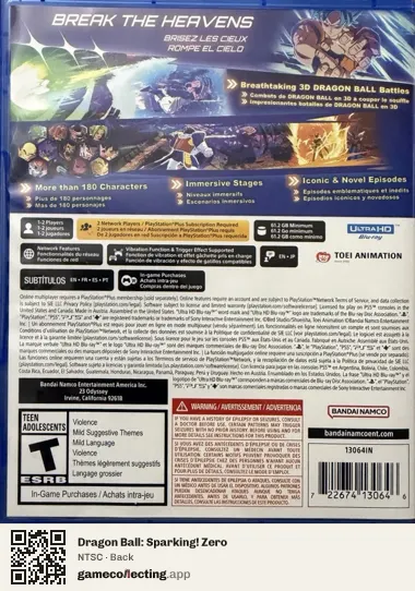 Dragon Ball: Sparking! Zero PlayStation 5, NTSC box back