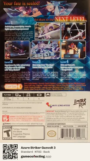 Azure Striker Gunvolt 3 Nintendo Switch, NTSC box back