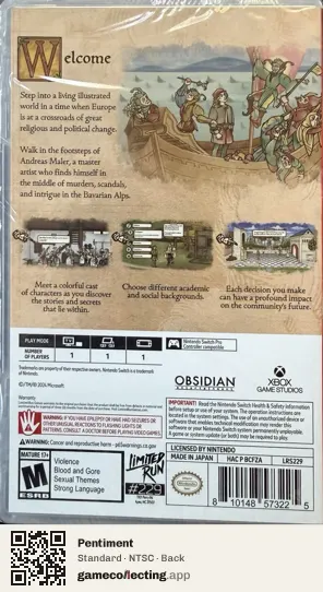 Pentiment Nintendo Switch, NTSC box back