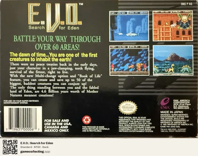 E.V.O.: Search for Eden Super Nintendo Entertainment System, NTSC box back