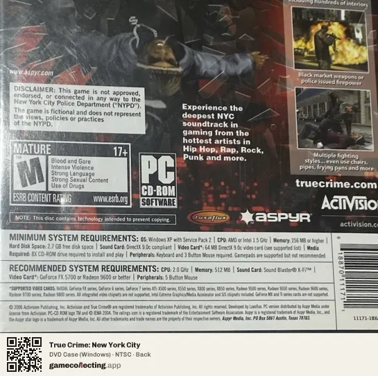 True Crime: New York City Computer, NTSC box back