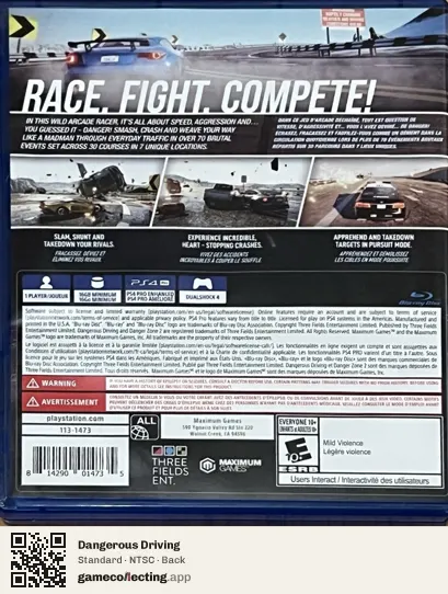 Dangerous Driving PlayStation 4, NTSC box back