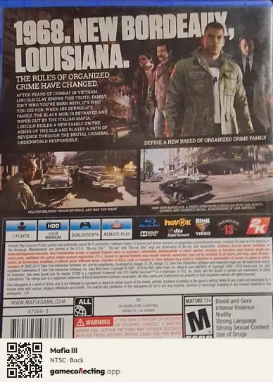 Mafia III PlayStation 4, NTSC box back