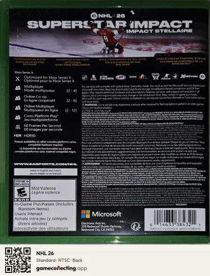 NHL 26 Xbox Series X, NTSC box back