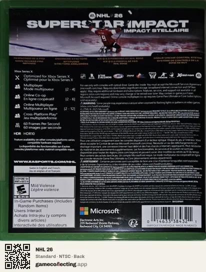 NHL 26 Xbox Series X, NTSC box back