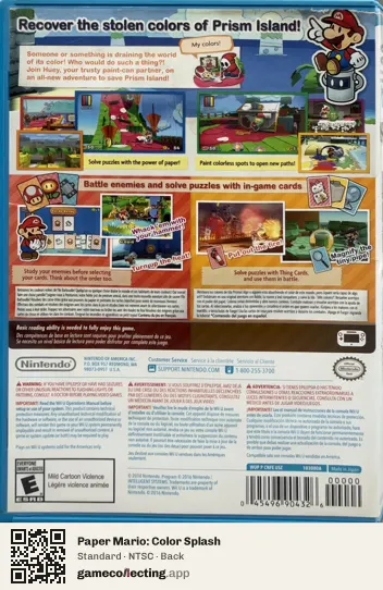 Paper Mario: Color Splash Nintendo Wii U, NTSC box back