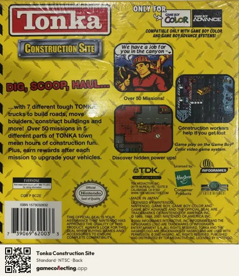 Tonka Construction Site Game Boy Color, NTSC box back