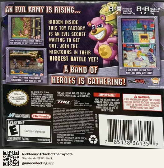 Nicktoons: Attack of the Toybots Nintendo DS, NTSC box back