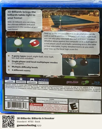 3D Billiards: Billiards & Snooker PlayStation 4, NTSC box back