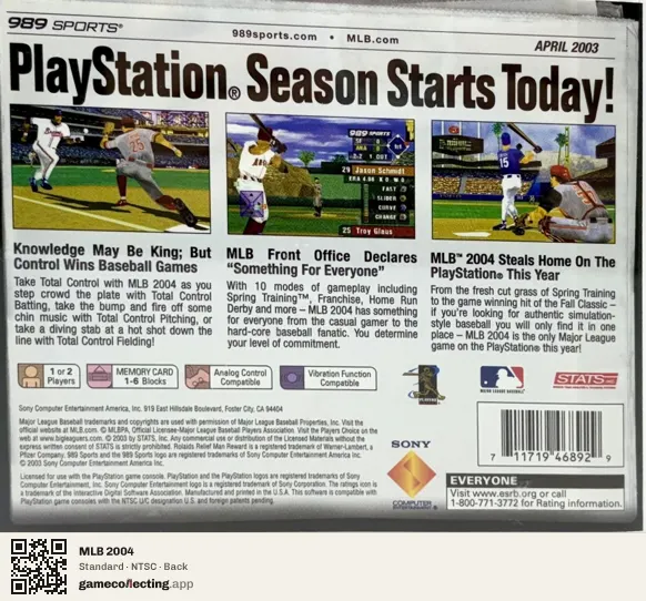 MLB 2004 PlayStation, NTSC box back