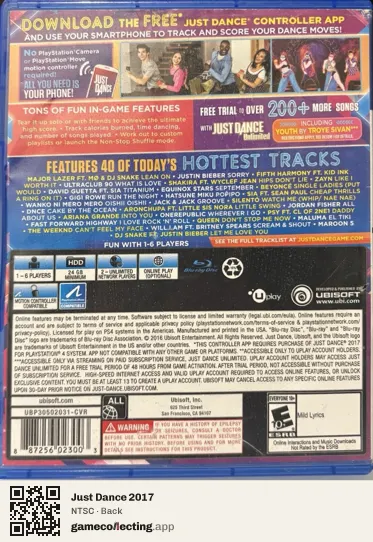Just Dance 2017 PlayStation 4, NTSC box back