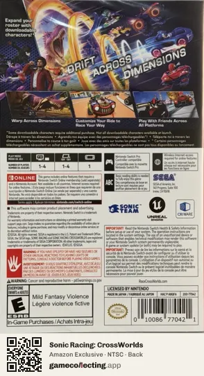 Sonic Racing: CrossWorlds Nintendo Switch, NTSC box back