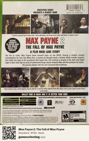 Max Payne 2: The Fall of Max Payne Xbox, NTSC box back