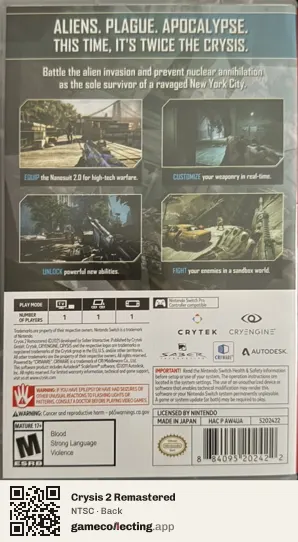 Crysis 2 Remastered Nintendo Switch, NTSC box back