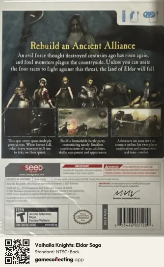 Valhalla Knights: Eldar Saga Nintendo Wii, NTSC box back