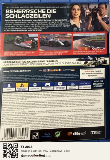 F1 2018 PlayStation 4, Germany box back
