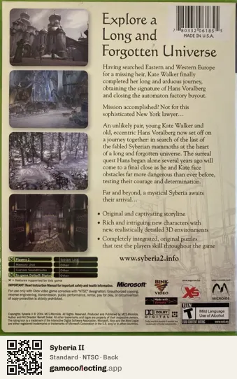 Syberia II Xbox, NTSC box back