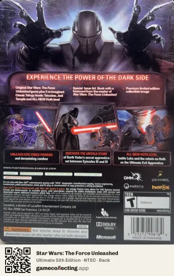 Star Wars: The Force Unleashed Xbox 360, NTSC box back