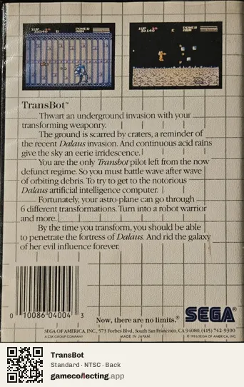 TransBot Sega Master System, NTSC box back