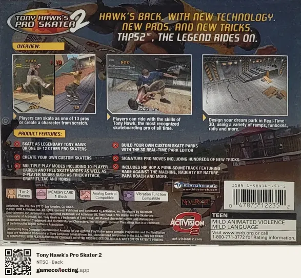 Tony Hawk's Pro Skater 2 PlayStation, NTSC box back