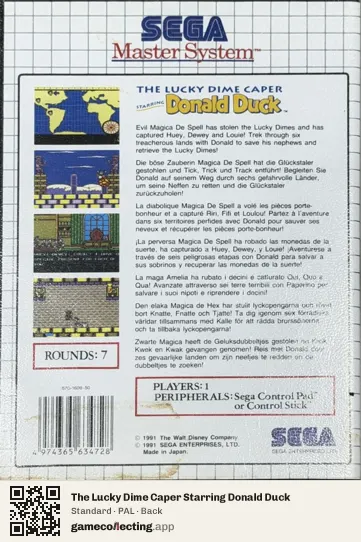 The Lucky Dime Caper Starring Donald Duck Sega Master System, PAL box back