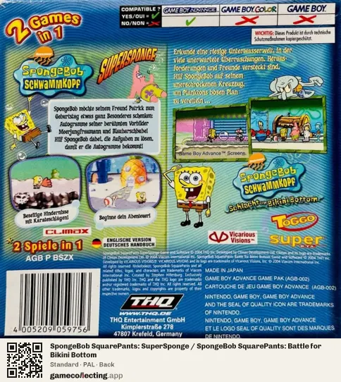 SpongeBob SquarePants: SuperSponge / SpongeBob SquarePants: Battle for Bikini Bottom Game Boy Advance, PAL box back