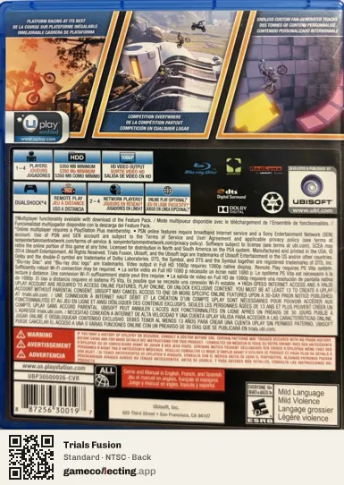 Trials Fusion PlayStation 4, NTSC box back