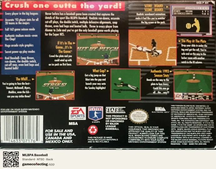 MLBPA Baseball Super Nintendo Entertainment System, NTSC box back