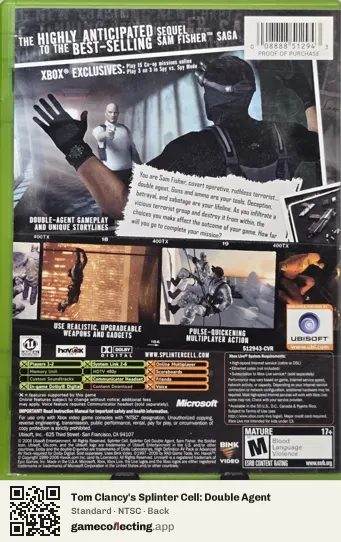 Tom Clancy's Splinter Cell: Double Agent Xbox, NTSC box back