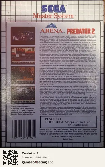 Predator 2 Sega Master System, PAL box back