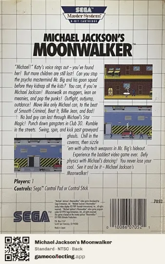 Michael Jackson's Moonwalker Sega Master System, NTSC box back