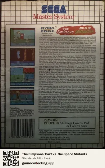 The Simpsons: Bart vs. the Space Mutants Sega Master System, PAL box back