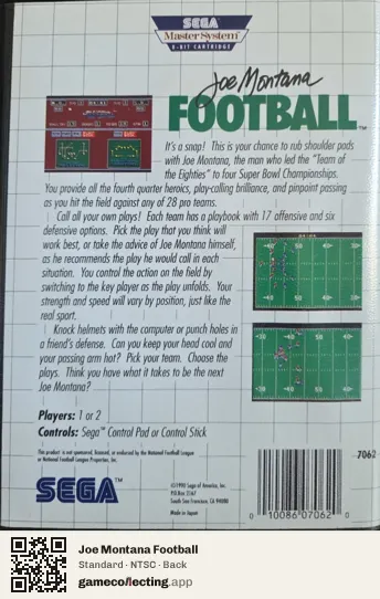 Joe Montana Football Sega Master System, NTSC box back