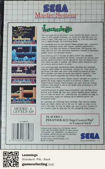 Lemmings Sega Master System, PAL box back