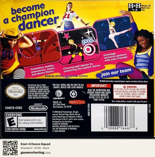 Ener-G Dance Squad Nintendo DS, NTSC box back