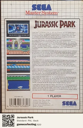 Jurassic Park Sega Master System, PAL box back