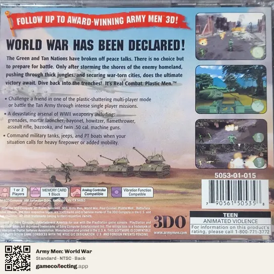 Army Men: World War PlayStation, NTSC box back