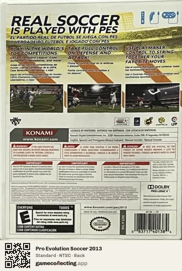 Pro Evolution Soccer 2013 Nintendo Wii, NTSC box back